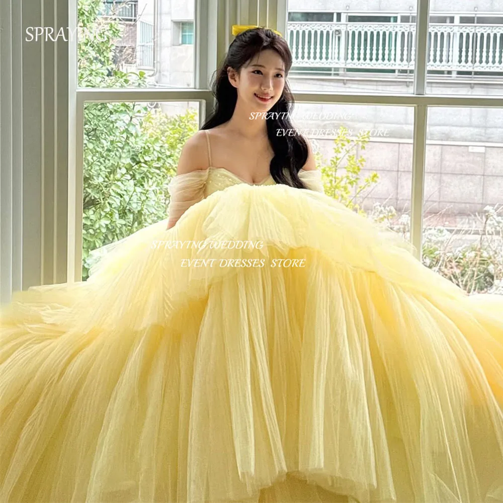 

SPRAYING Luxury V Neck Tulle Evening Dress Yellow Off Shoulder Korea Wedding Photo Shoot Dress Long Tiered Corset Customized