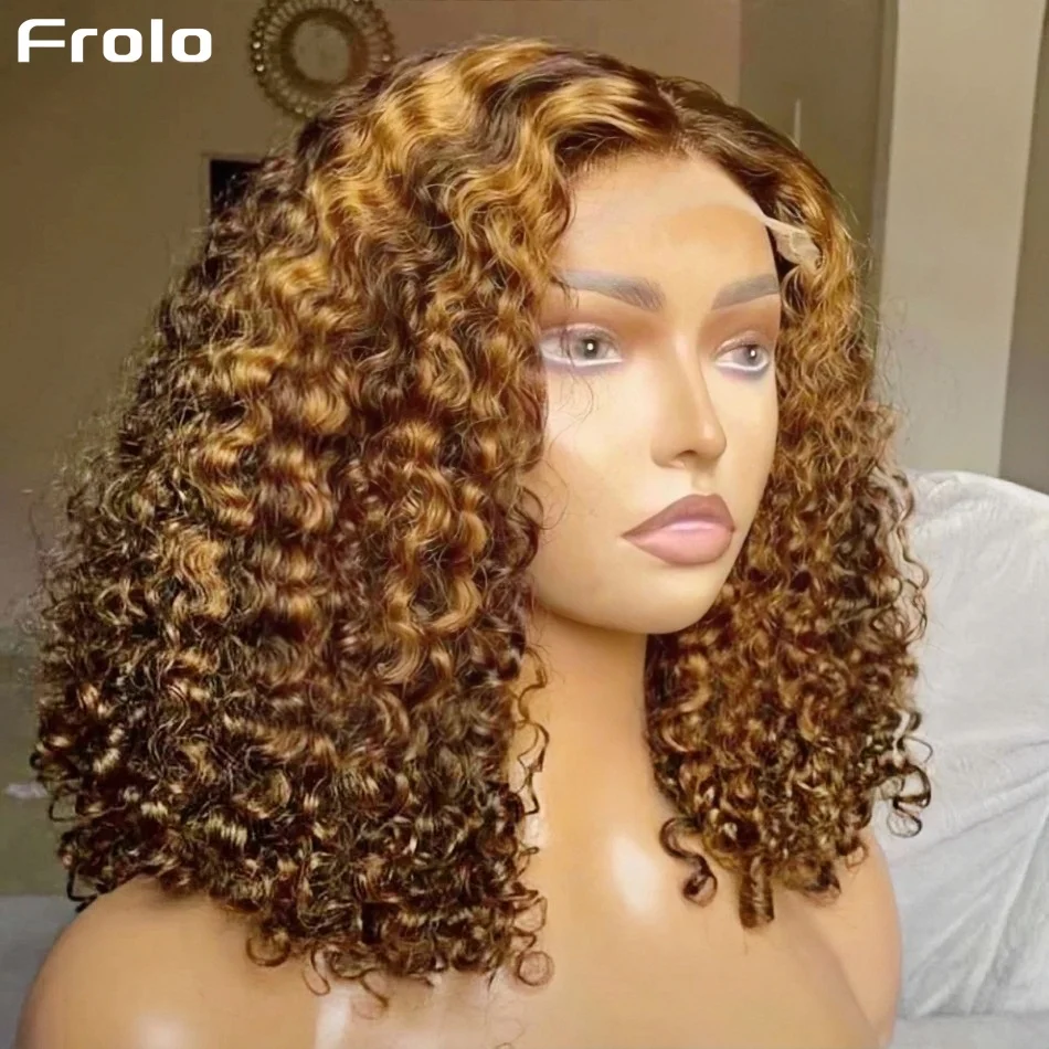 Perruque Bob Courte Ondulée avec Mèches Blondes, Sans Colle, Lace Frontale HD 5x5, Cheveux Humains Bouclés, Densité 250%, Blond Miel, P427, Perruque Bob Ombrée en Cheveux Humains