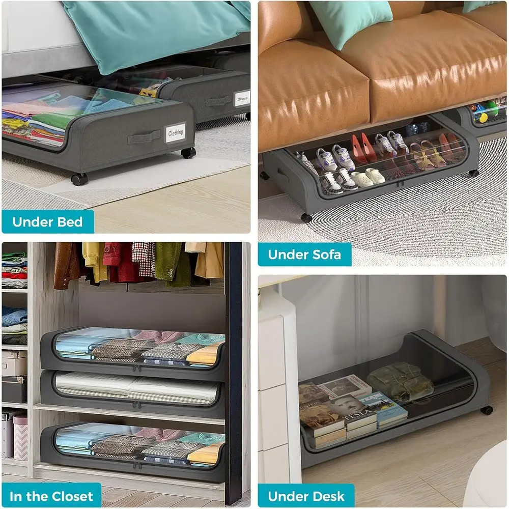 Серые коробки для хранения под кроватью с прозрачными окнами из ПВХ для обуви, одежды, игрушек и книг