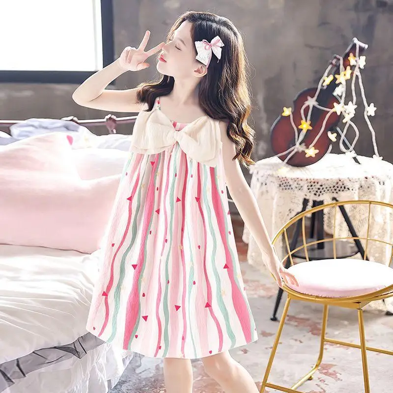 Kawaii Casual2026 New Summer Cotton Bow Spaghetti Strap Sweet Cute Girls Sleep Dress Pajamas for Teen Student Girls Home Wear