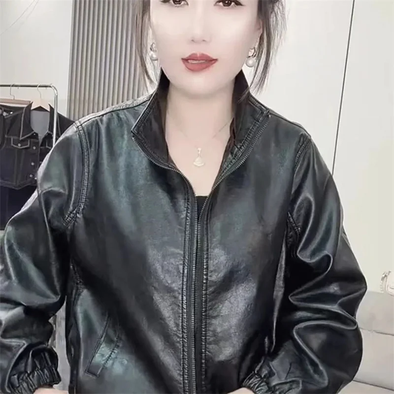 Short Leather Jacket for Women 2026 Spring Autumn New Fashion Stand Collar PU Motorcycle Casual Leather Coat Female Outerwear