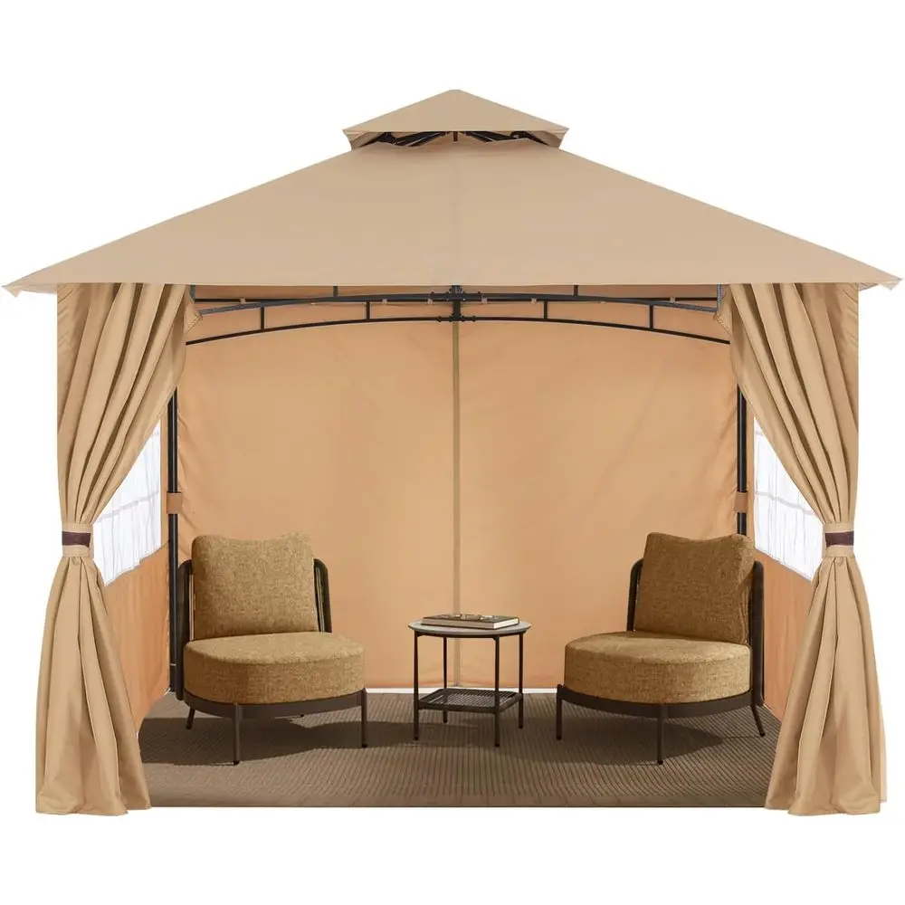 

9x9 Beige Steel Outdoor Gazebo with Window Curtains