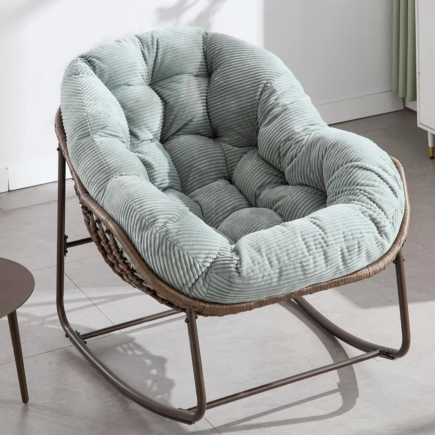 Outdoor Papasan Rocking Chair - Oversized Comfy Patio Chair, Green Egg Rattan Rocker with Velvet Cushion for Porch, Lawn, Living