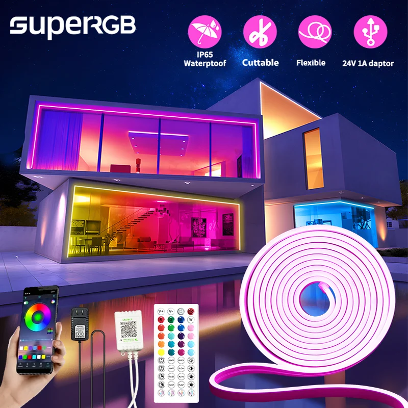 Outdoor LED neon Lights 24V RGB Rope Lights Dimmable Smart APP Silicone DIY Cuttable LED Strip Lights Wall Home Decor Lighting