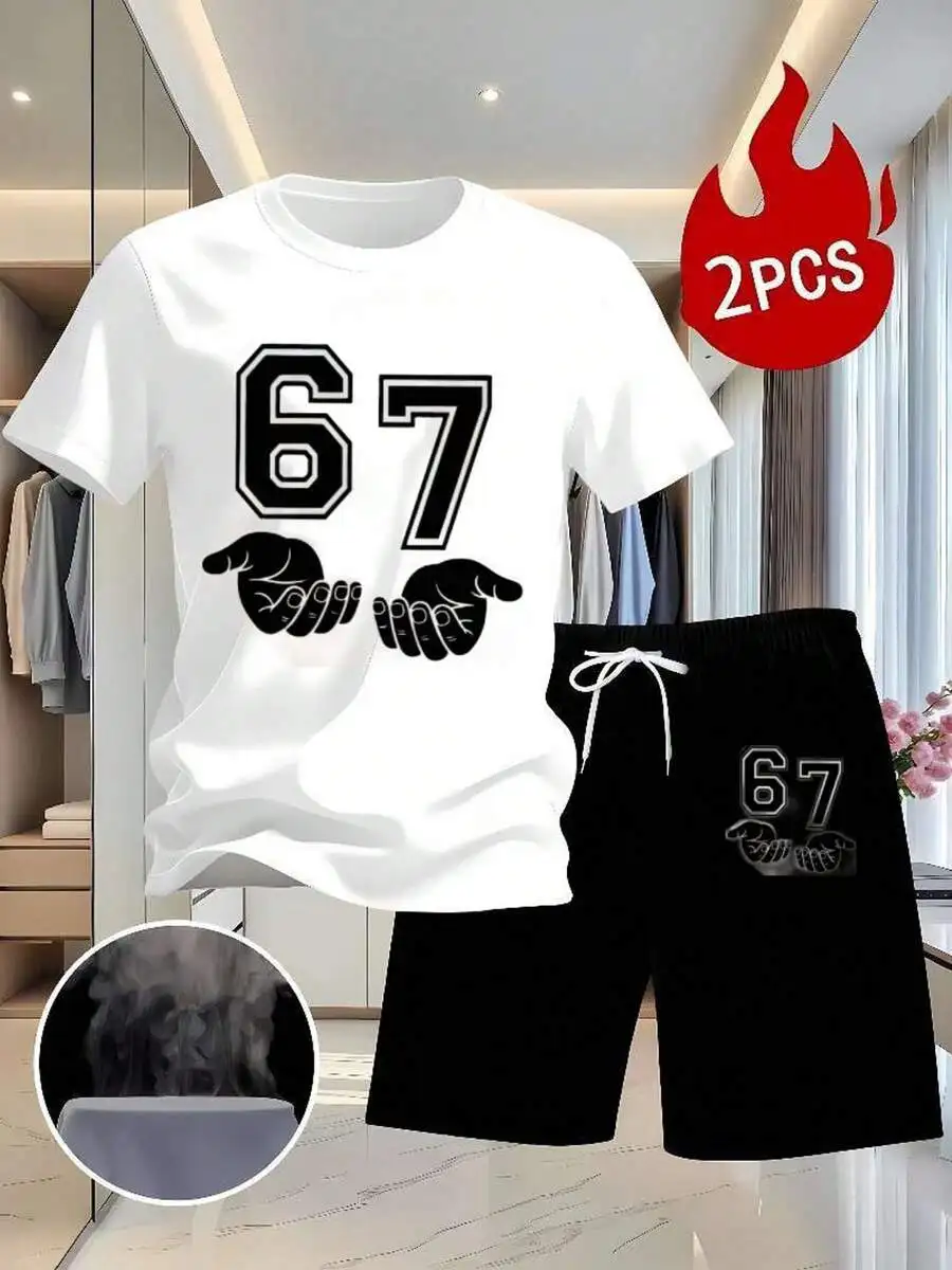 

Mens 2-Piece Casual Set: White T-Shirt With 67 Graphic And Black Shorts