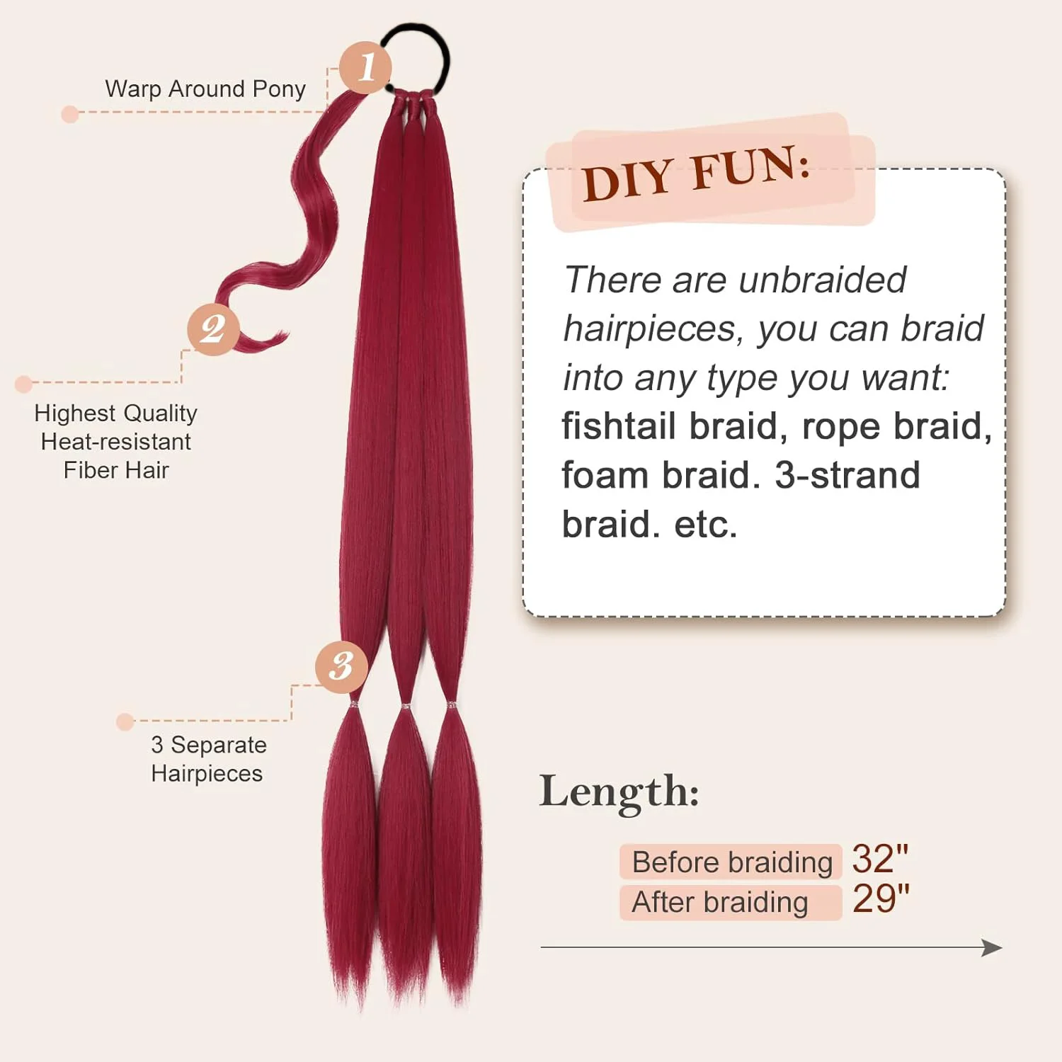 DIY Synthetic Long Ponytail Hair Extensions Red Natural Braided Ponytail With Rubber Band For Women Cosplay Hairpiece Braids