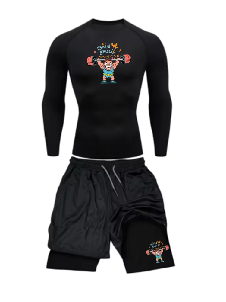 

Модный тренировочный джиу-джитсу с длинными рукавами и принтом, комплект с двухслойными шортами вокруг периметра, мужской модный