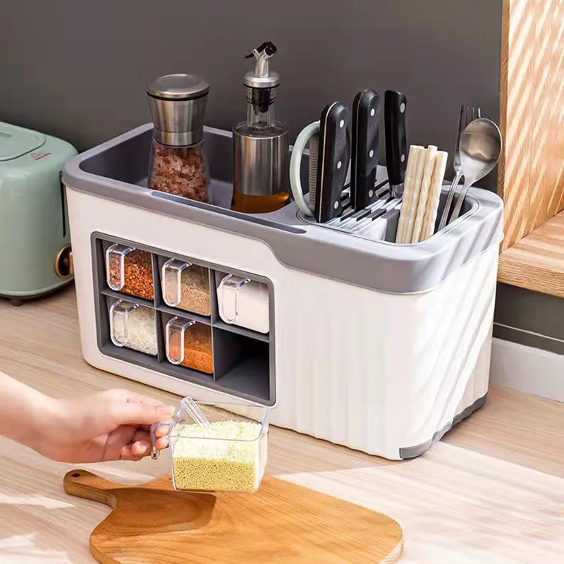 

Kitchen shelf plastic spice organizer multifunctional chopsticks knives spice bottle all-in-one organizer kitchen accessories