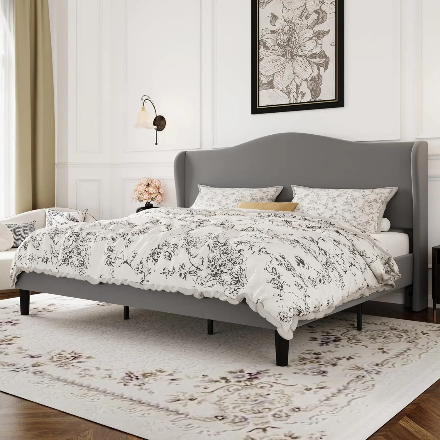 SHA CERLIN King Size Velvet Platform Bed Frame with Elegant Wingback Headboard, Modern & Luxurious Design, Sturdy Wooden Slats,