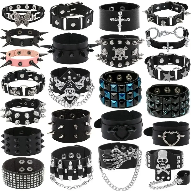 Hip Hop Rock PU Leather Bracelet Men and Women Punk Spikes Rivets Skull Heart Cross Creative Party Bracelet Jewelry Accessories