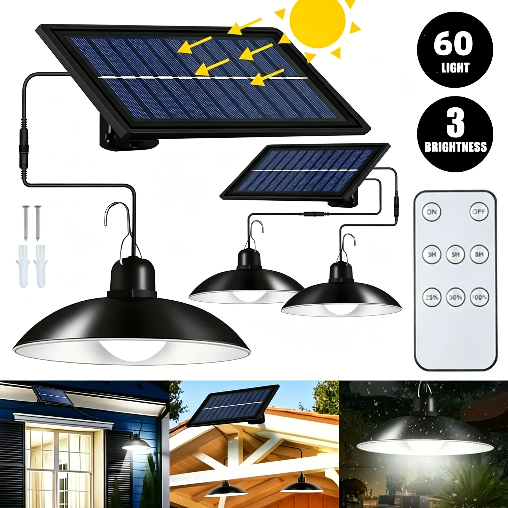 

Solar Pendant Light Outdoor Waterproof LED Lamp Double-head Chandelier Decorations with Remote Control for Indoor Shed Barn Room