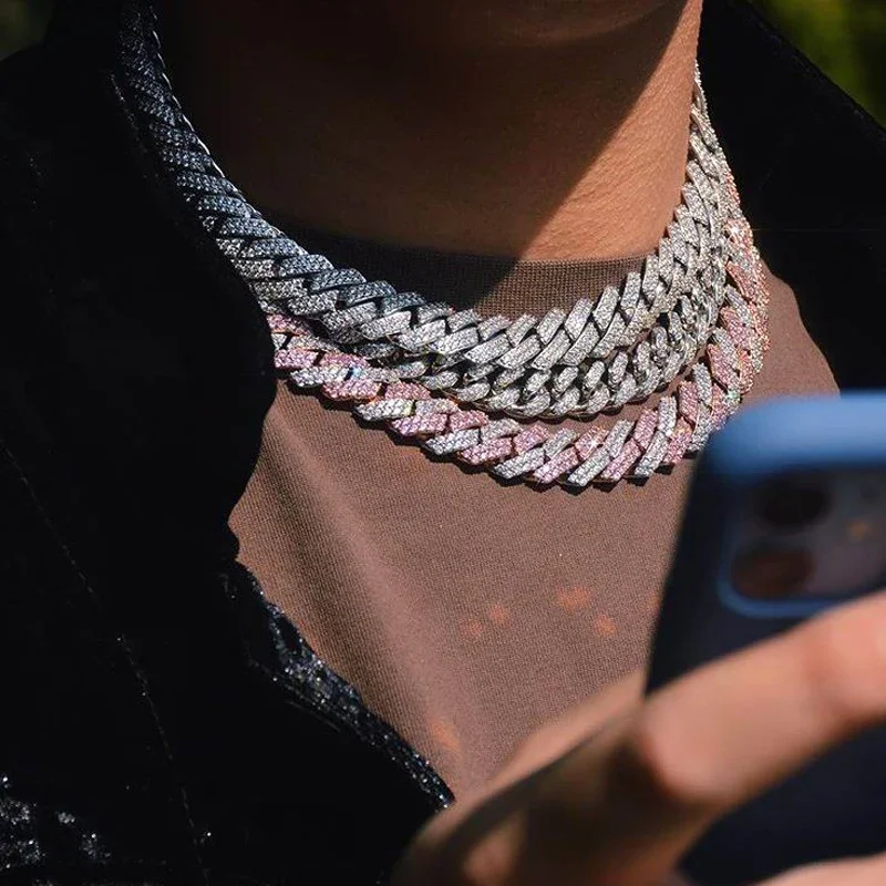 

Iced Out Bling Miami Cuban Link Chain Necklace Two Tone Pink White Cubic Zirconia Choker Hip Hop Necklaces Women Men Jewelry