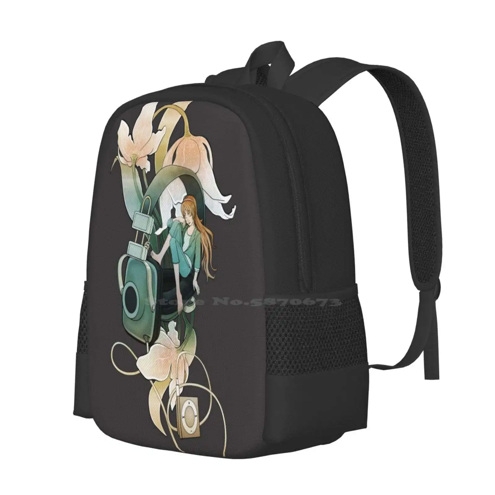 Thumbelina-رمادي تصميم الأزياء نمط السفر كمبيوتر محمول حقيبة المدرسة حقيبة الموسيقى Thumbelina الزهور فتاة الاستماع الشعر الأحمر الصغير #2