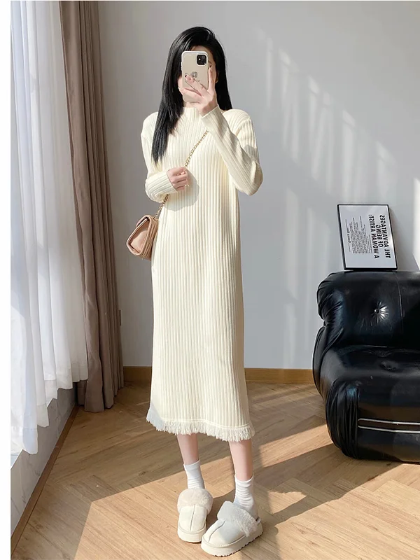 

Женская трикотажная юбка-миди с высоким воротником, прямая юбка с кисточками, теплая осенне-зимняя длинная юбка свевого цвета для поездок на работу