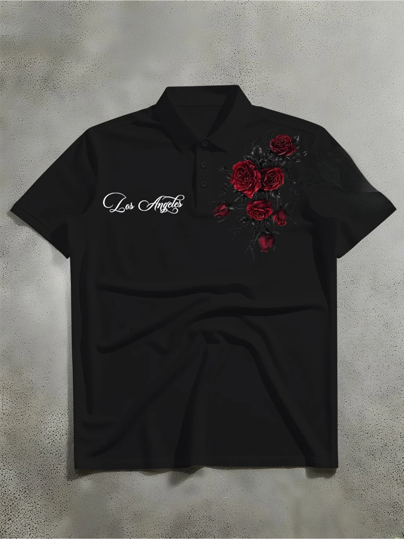 Camisa Polo de Manga Corta para Mujer, Estampado Floral de Rosas Rojas, Estampado de Letras de Los Ángeles, Cuello de Solapa, Botones, Blusa Casual para Uso Diario
