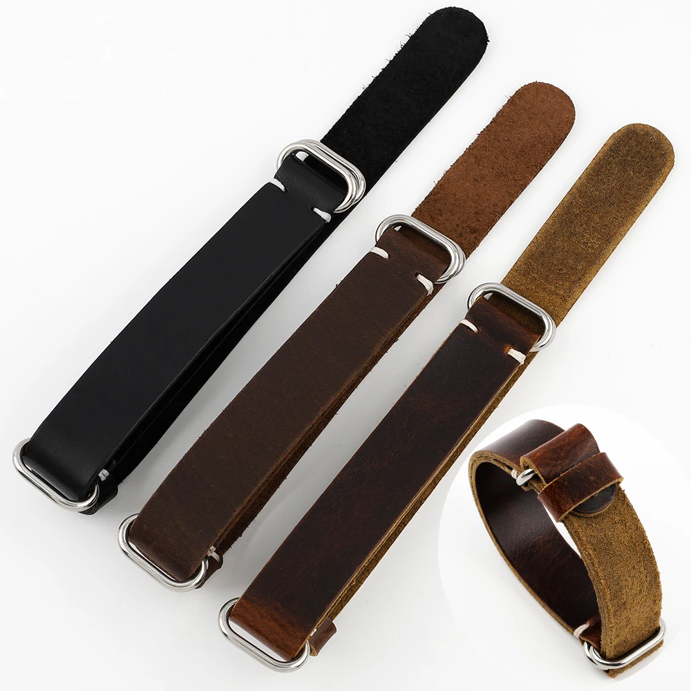 Vintage Black Coffee Brown Leather Watch Band 20mm 22mm Unique Design Hand Stitching Long Watch Strap Double Ring Lock No Hole