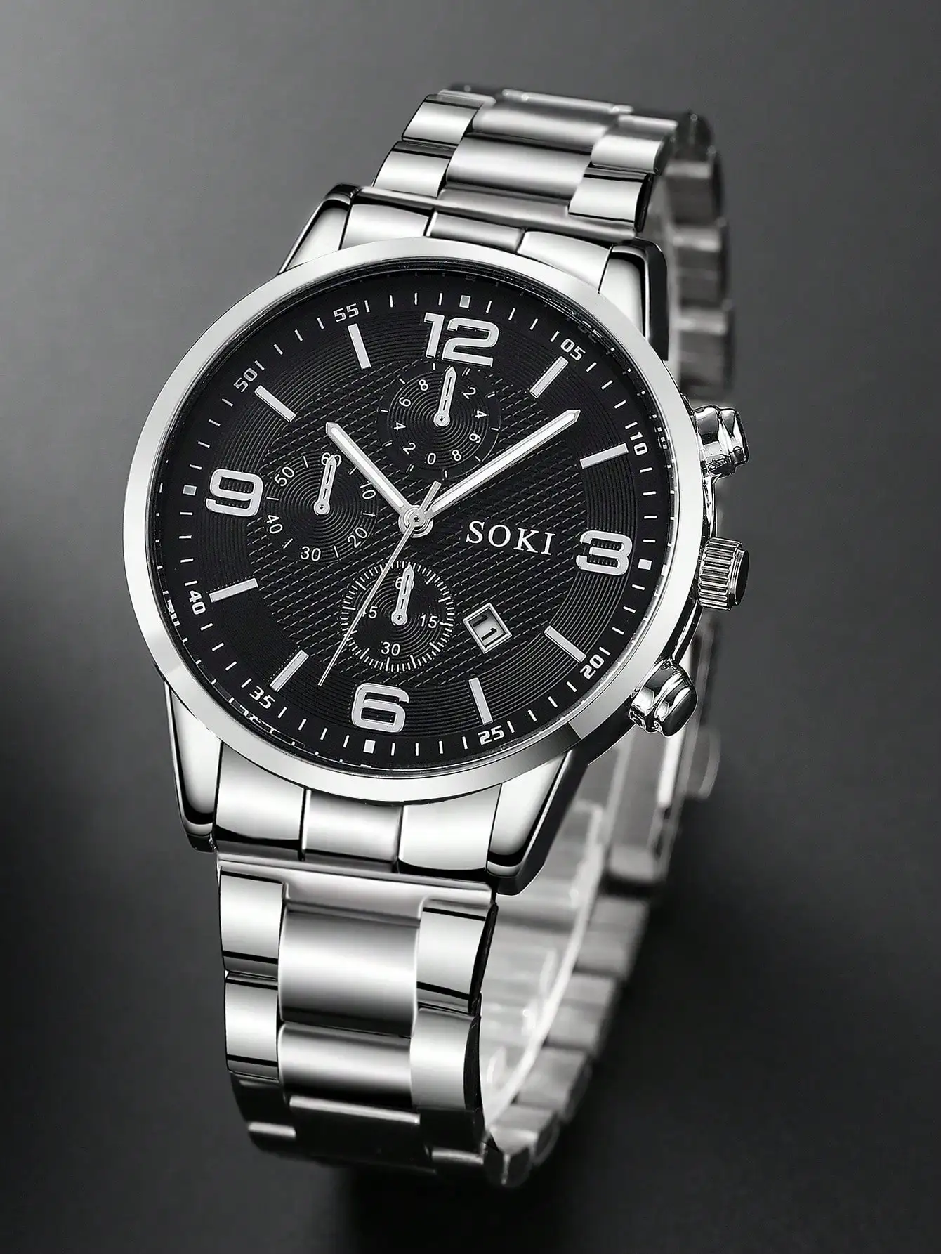 

Мужские кварцевые часы-хронограф из нержавеющей стали с черным циферблатом и окошком для даты