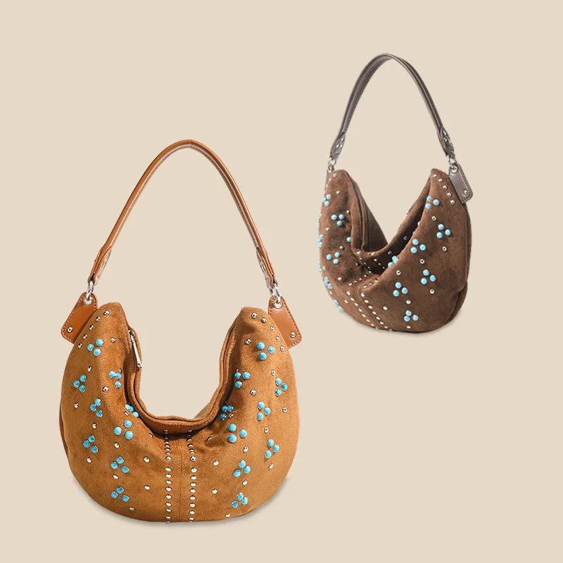 

Retro Turquoise Frosted Suede Shoulder Bag Wild Prairie Vacation Cowboy Style Hand-held Crossbody Bag Boho Armpit Hobo Bags