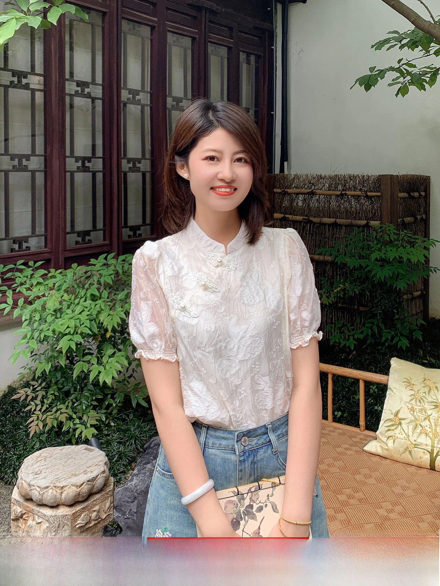 

Zillal Chinese Sle ort Sve Embroidered Pearl Button irt Women Summer Loose Fit Bubble Sve Top French Sle Pure C...