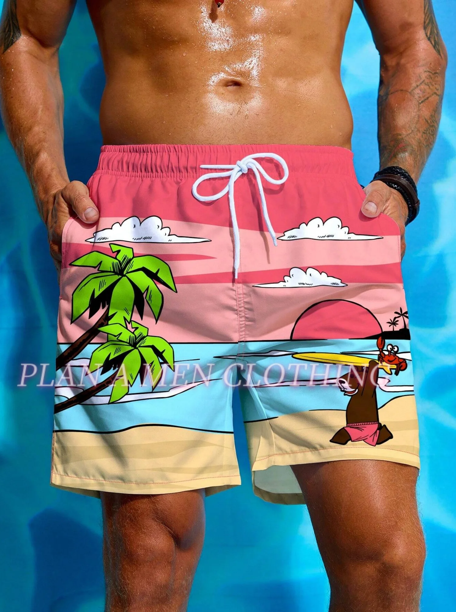 Summer Men Bear Print  shorts Outdoors Exercise Adult Beachwear Hawaii  Casual vacation shorts and surfing shorts men clothing