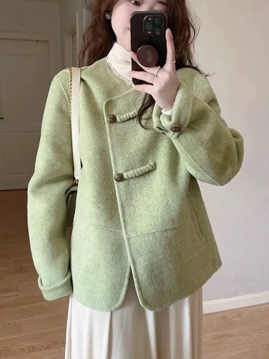 

New Chinese Style Fashionable Double Breasted Coat Short Woolen Spring Collection Elegant Two Sided Design Ensemble