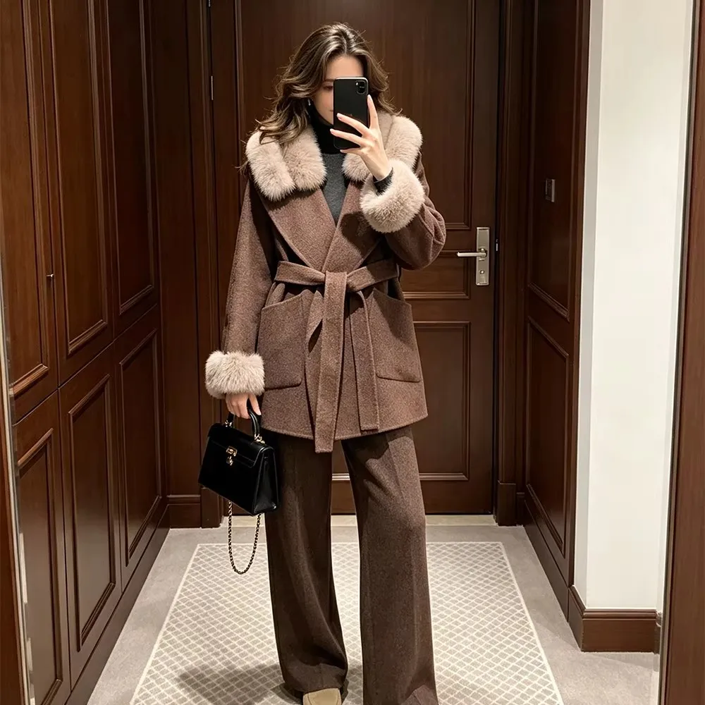 Luxyonuo Women's Double Faced Cashmere Wool Coat with Real Fox Fur Fall Winter New Arrival Overcoat Ladies Fashion Brown Jackets
