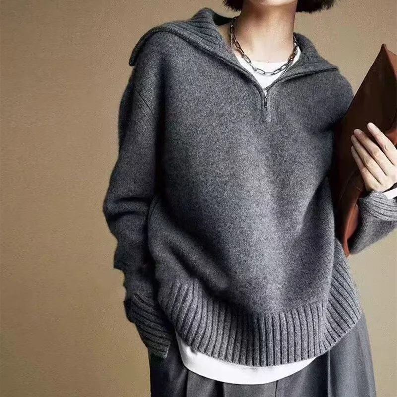 

Winter Large Loose Women Knitted Wool Pullover Fashion French Sweater Big Flip Collar Long Sleeves Thick Warm High Quality Tops