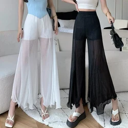 Zoki Elegant Ruffle Flare Wide Leg Pants Women Summer Fashion Elastic Waist Casual Trousers Baggy Tulle Stitching Pleated Pants
