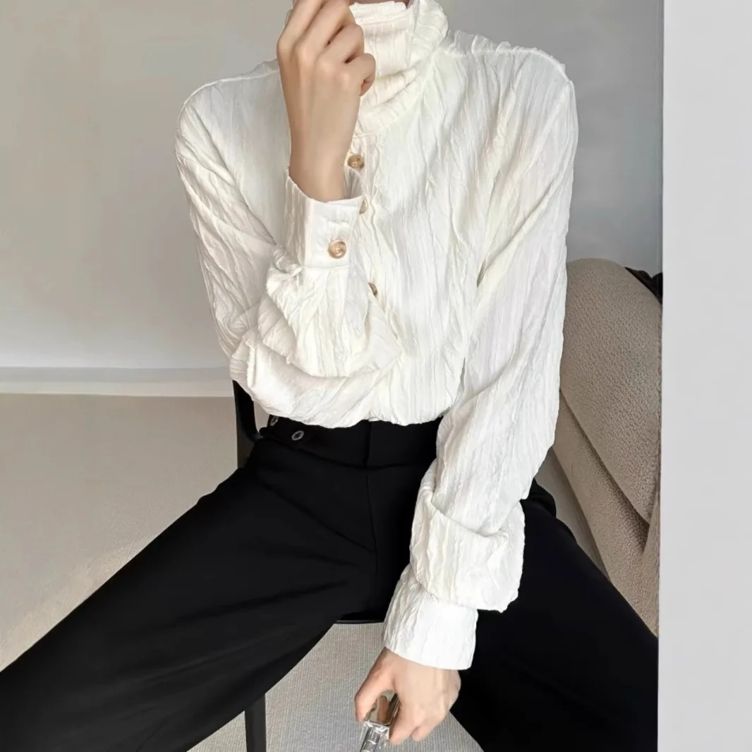 Unisex Casual Shirts 2025 New French Chic Cleanfit Shirt Stand Collar Ruched Design Retro Texture Long Sleeve Elegant Casual Top