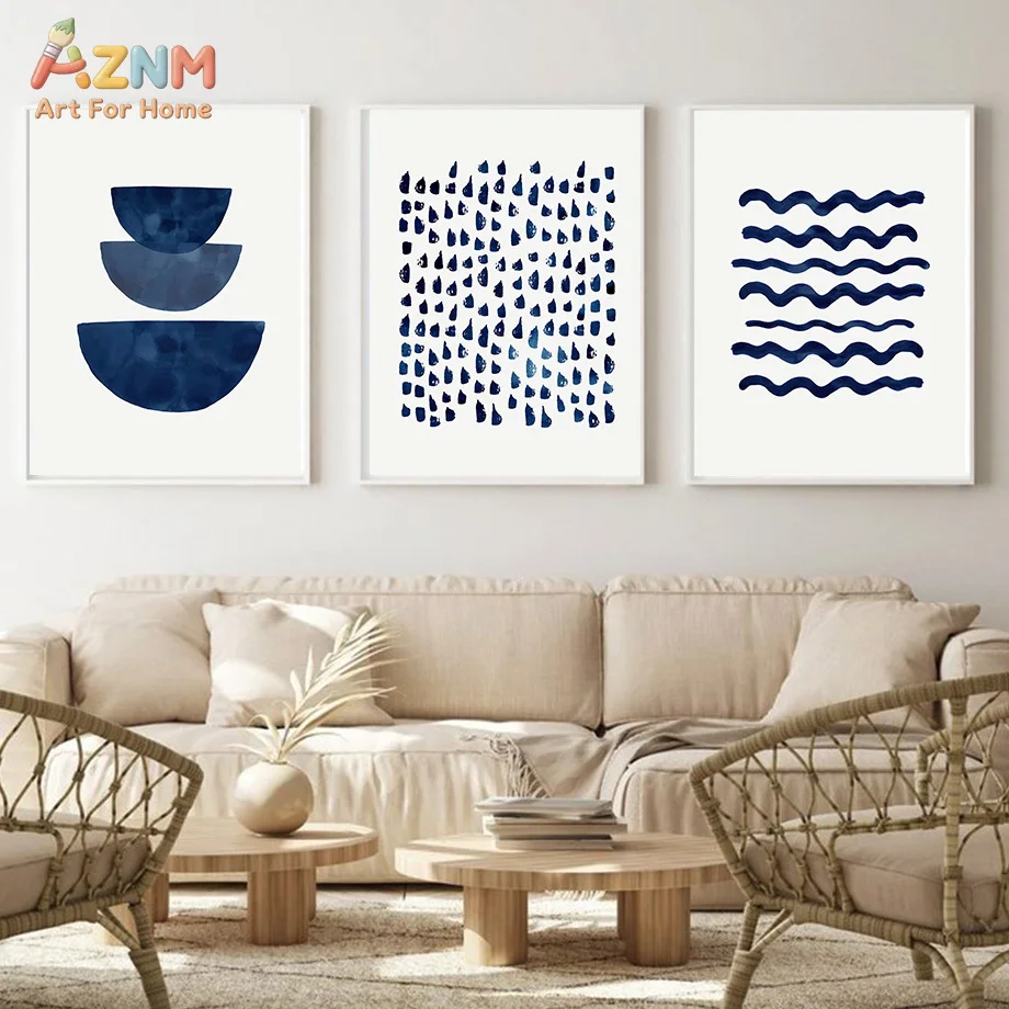 AZNM Navy Blue Watercolor Abstract Geometric Canvas Wall Art Minimalist Line Wave Leaf Ink Splash Neutral Modern Unframed Canvas