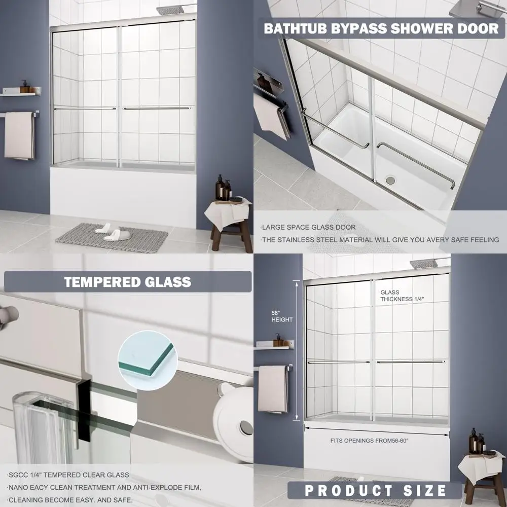 56-60 inch wide x 58 inch high semi-frameless double sliding shower door with 1/4 inch tempered glass