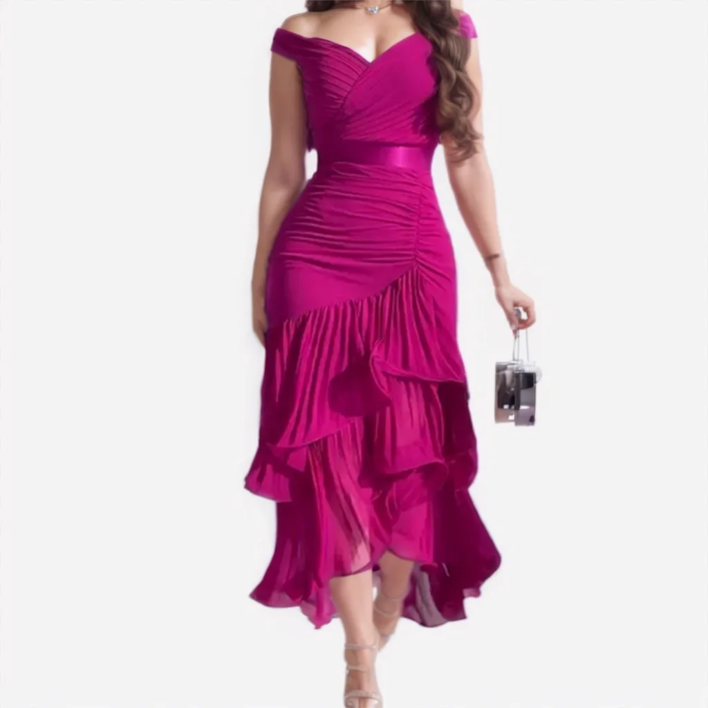 

Solid Color V-neck Off Shoulder Ruffles Ruched Dress Rose Red