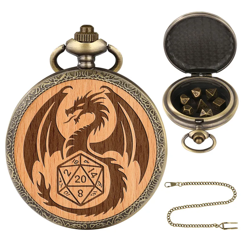 Retro Steampunk Engraved Dragon Case with 7pcs/set Metal Polyhedral Dices Pocket Watch Chain Entertainment Role Paly Game Dice