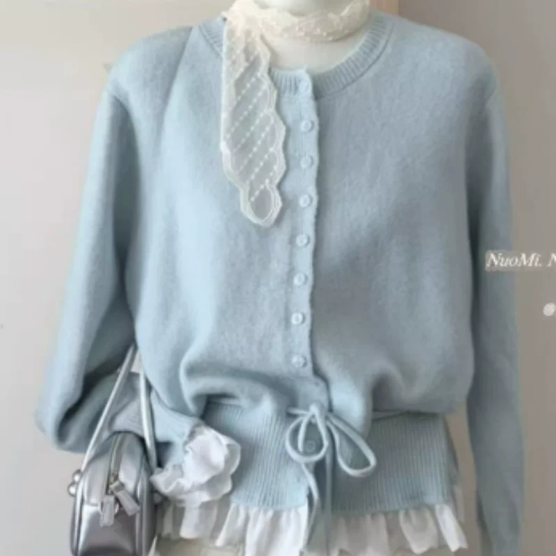 

Поддельный милый кружевной свитер с завязками на талии, женский осенне-зимний вязаный кардиган