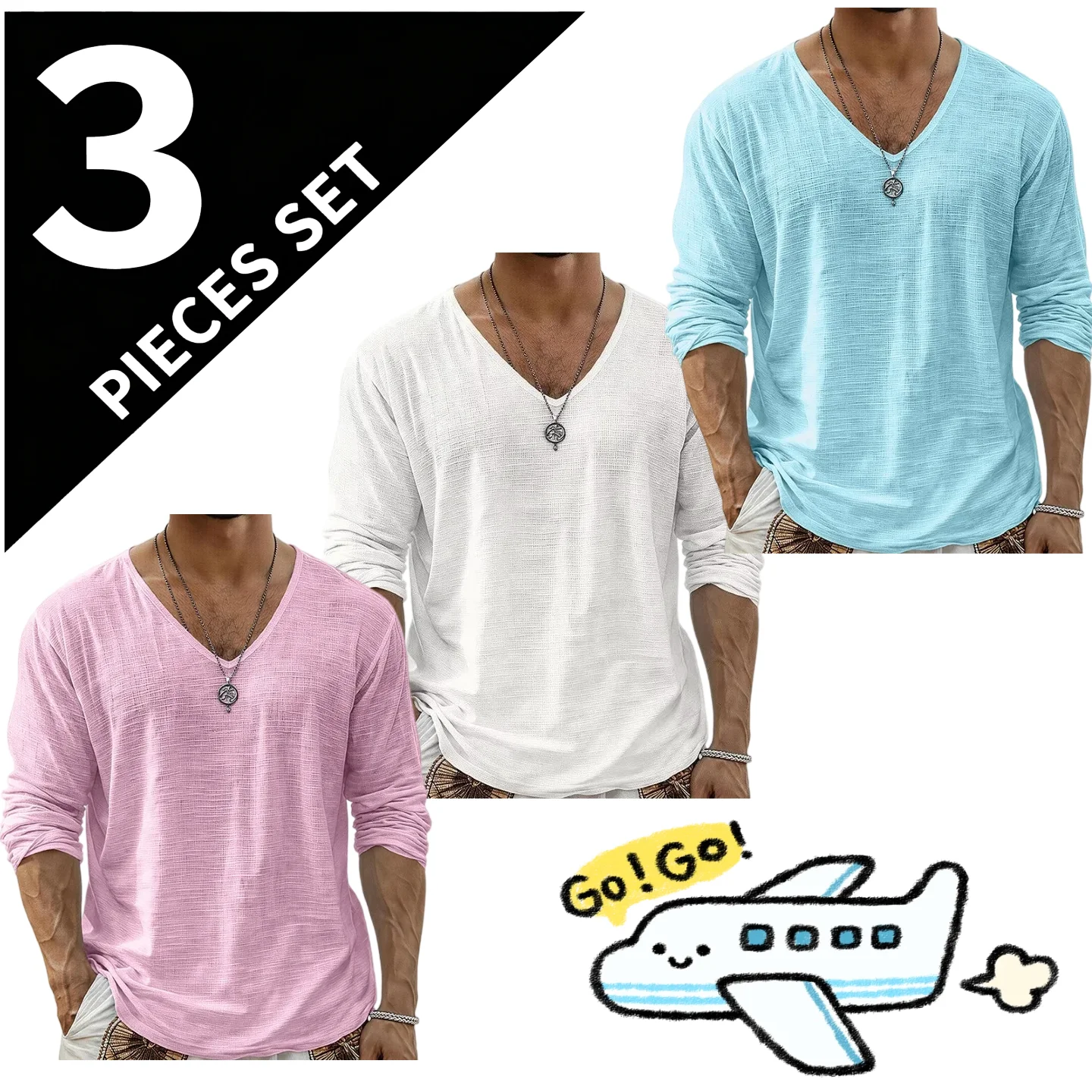 2026 Vintage Linen Texture V Neck Long Sleeve Tops Men Women Quick Dry Breathable Loose Straight Fit Daily Street Tees