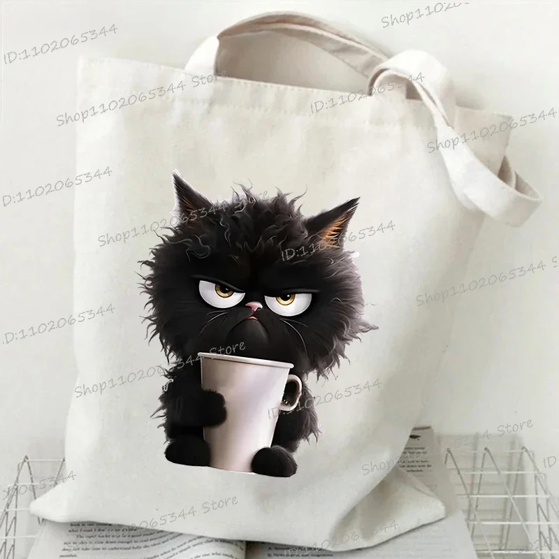 Bolso de lona para mujer, bolso de compras de gran capacidad con estampado de gato negro y café, bolso de mano para comestibles con animales de