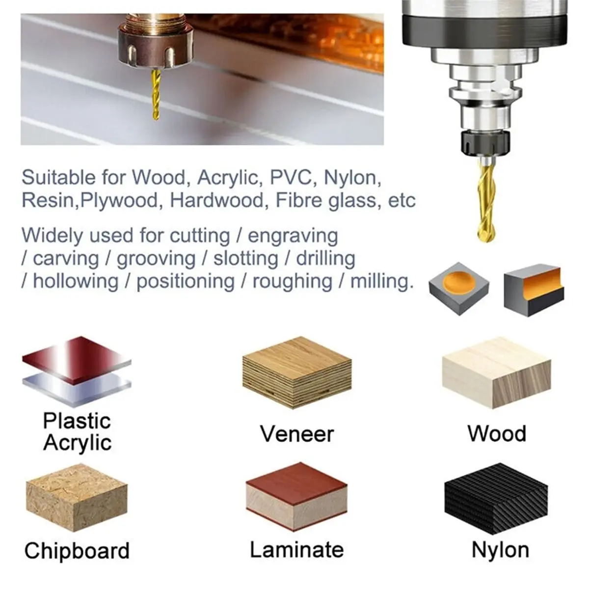 10Pcs Precise CNC Router Bits, Carbide Ball Nose End Mills, 1/8inch Shank, 2-Flute Spiral for Diverse Material Cutting