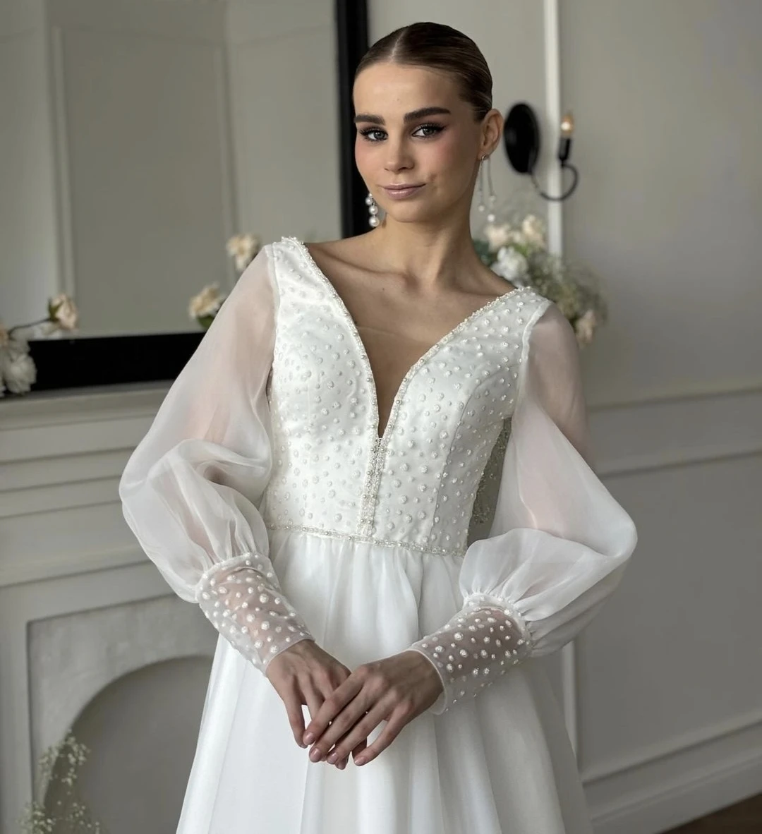 Robe De Novia en Satin doux pour femmes, ligne a, manches longues, dentelle Organza, Appliques personnalisées aux mesures, Robe De mariée élégante