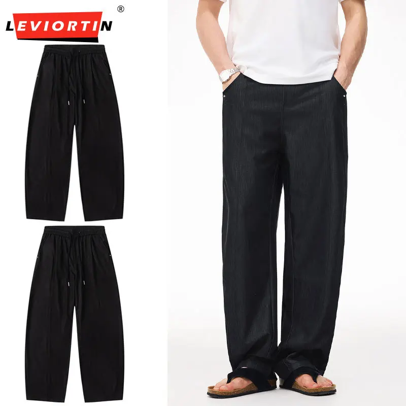 Men's Spring Summer Casual Pants Japanese Relaxed Fit Anti-Wrinkle Loose Elastic Tencel Linen Straight Leg Comfort Trousers