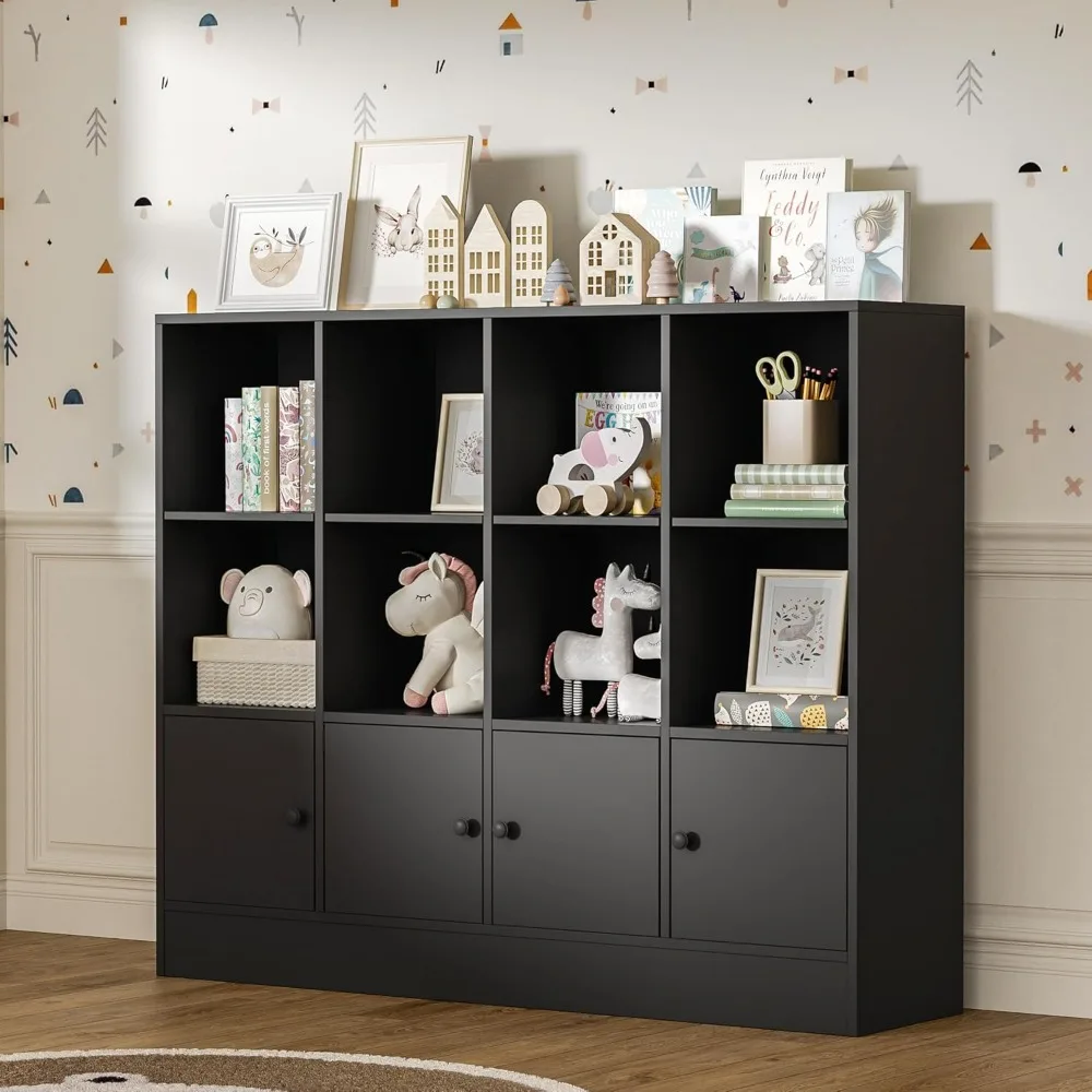 Black Bookshelf,Wood Bookcase with 3 Tier Shelves,12 Cube Storage Organizer with doors for Bedroom,Living Room,47.8