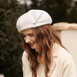 Pink Wool Beret Hat Women's Autumn and Winter British Vintage Painter Hat Versatile Warm Winter Artist Hat with Diamonds