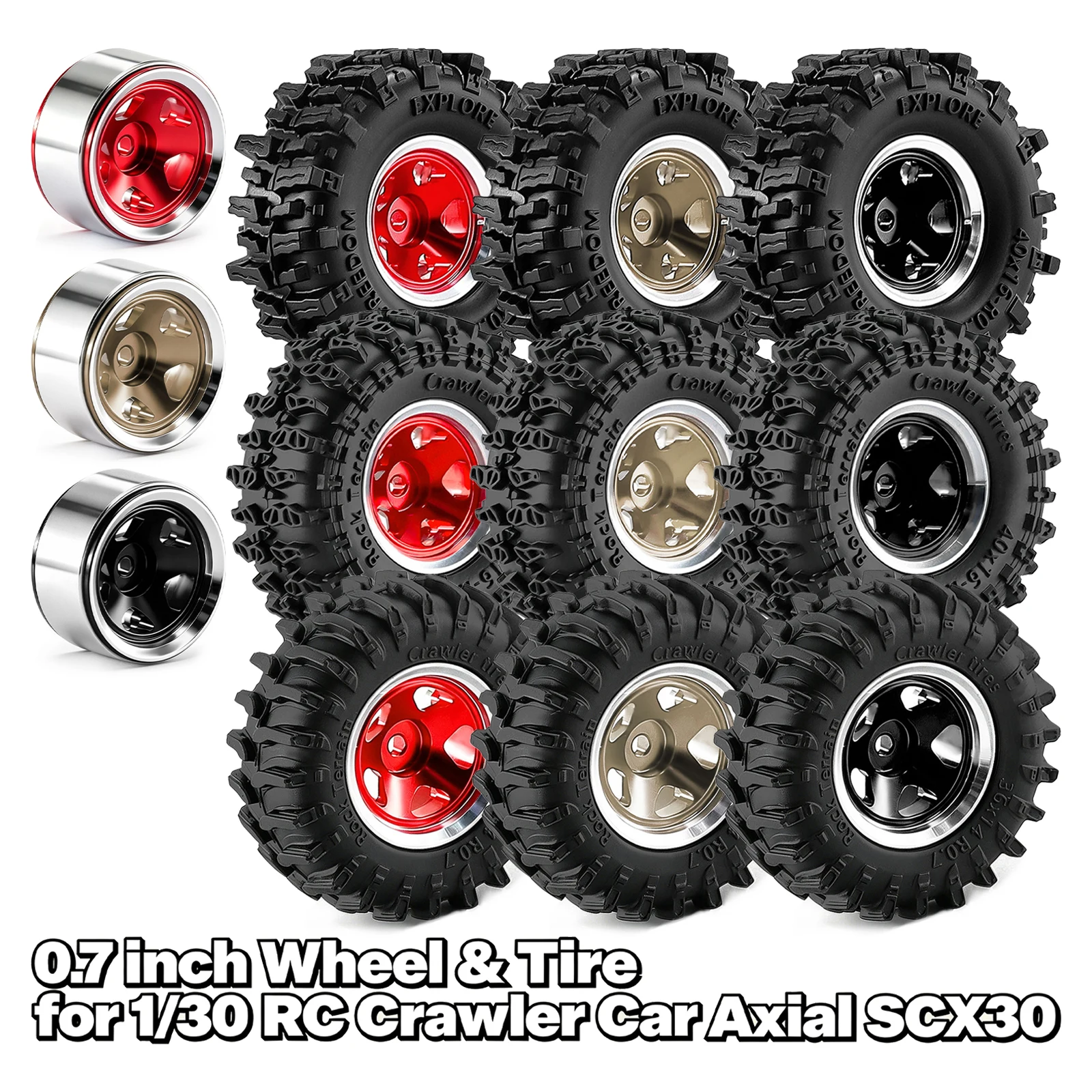 4pcs 0.7 inch 36/40mm Rubber Tire & Beadlock Wheel Rim Hub Set for 1/30 Axial SCX30 Jeep Wrangler JLU Ford Bronco RC Crawler Car