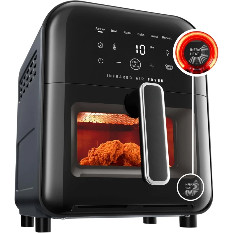 Infrared Air Fryer 6 quart Digital Touch Screen, 7-in-1 Cooking Functions, Fast 45-Second Heat-up to 750F, No-Shake Technology