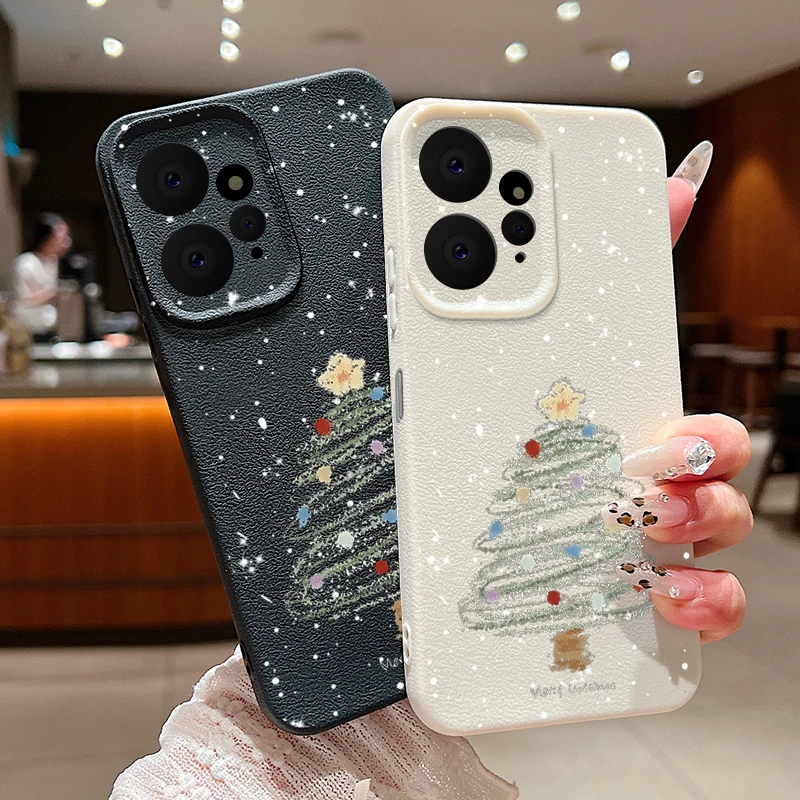 Luxury Leather Texture Silicone Case For Xiaomi 13T Pro Funda Redmi Note 13 12 14 11 Pro 5G Christmas Tree Print Soft Cover