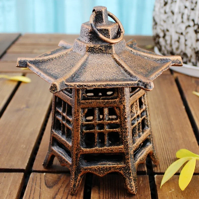 Vintage Hexagonal Lantern Iron Candlestick Courtyard Cast Iron Handicraft Incense Candle Stove Garden Ornaments