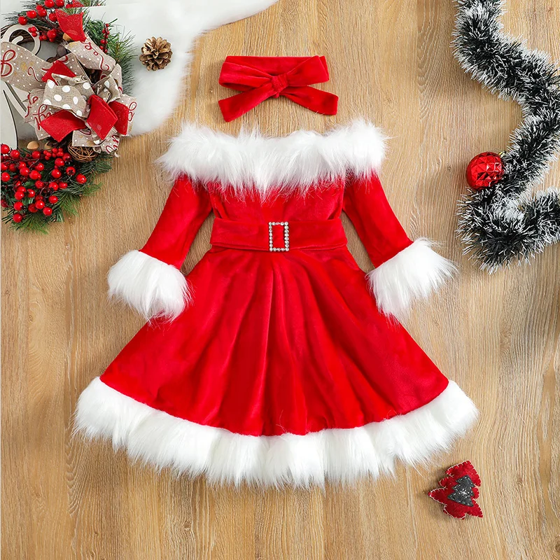 Kid Girls Christmas Dress Set Faux Fur Velvet Long Sleeve Off Shoulder Dress High Waist A-line Princess Dress+Headband Outfit