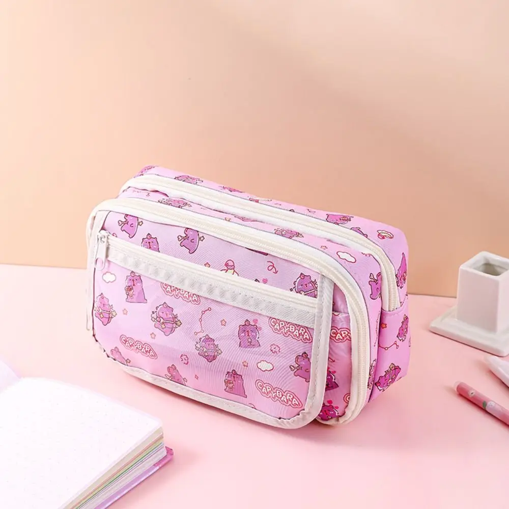 Canvas Capybara Pen Bag Large Capacity Badge Display Cartoon Pencil Cases Storage Bag Multi Layer Stationery Bag