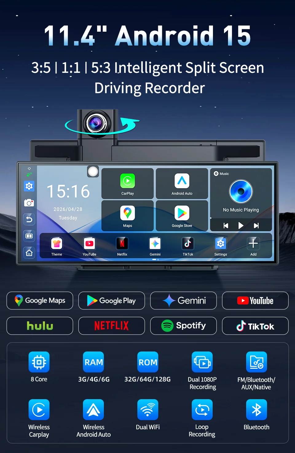 Imagebon P70Plus 11,4 Zoll Android 15 6+128G CarPlay & Android Auto Dashcam Dual WiFi Google Play DVR Smart Split-Screen Dashcam – Detail 2