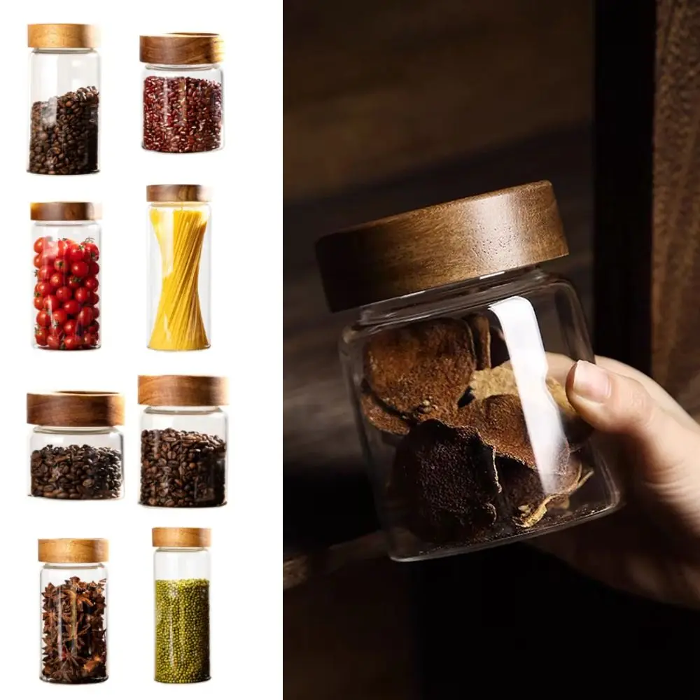 Wood Lid Glass Airtight Canister Kitchen Storage Bottles Jars Food Container Grains Tea Coffee Beans Grains Candy Jar Containers