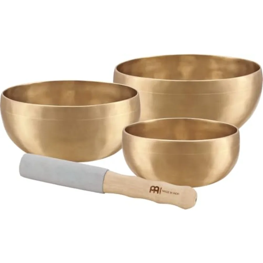 

Meditation, yoga and sound healing therapy: bronze singing bowls set with mallet, felt rings and covers universal series, MADE